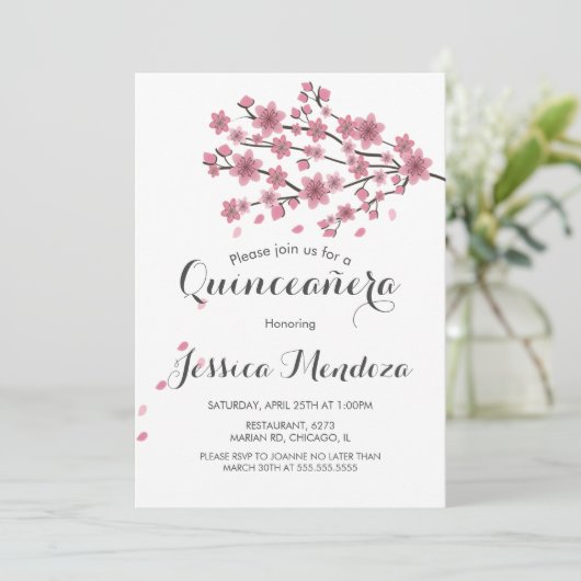 Cherry Blossom Tree Quinceañera Sweet 16 Einladung (Stehend Vorderseite)
