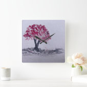 Cherry Blossom Tree Watercolor Originalkunst Quadratische Wanduhr (Zuhause)