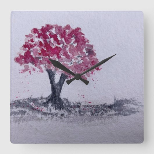 Cherry Blossom Tree Watercolor Originalkunst Quadratische Wanduhr (Vorderseite)