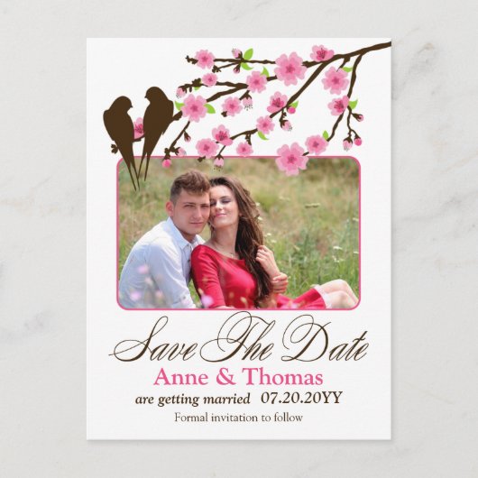 Cherry Blossom und Love Birds Foto Save the Date Ankündigungspostkarte (Vorderseite)