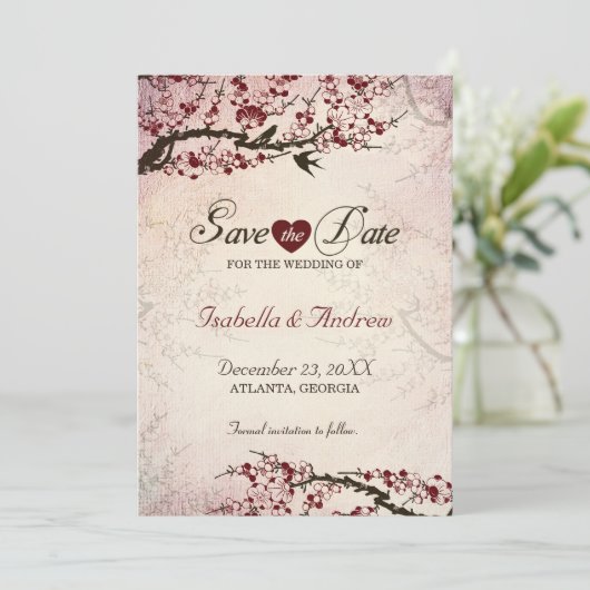 Cherry Blossom und Love Birds Save the Date 2 (Stehend Vorderseite)