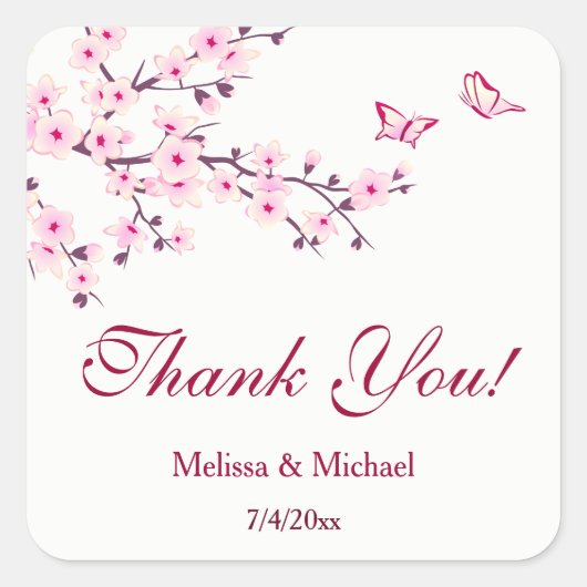 Cherry Blossom Vielen Dank Gastgeschenk Hochzeit Quadratischer Aufkleber (Vorderseite)