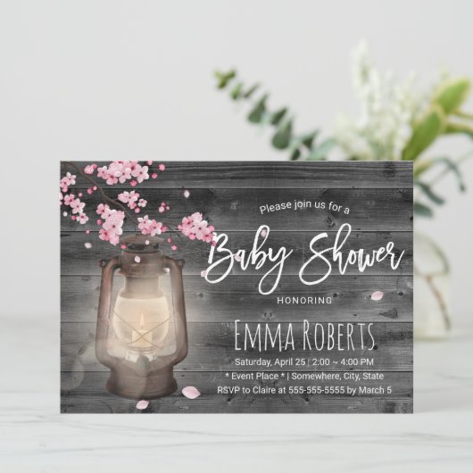 Cherry Blossom Vintag Lantern Babydusche Einladung (Stehend Vorderseite)