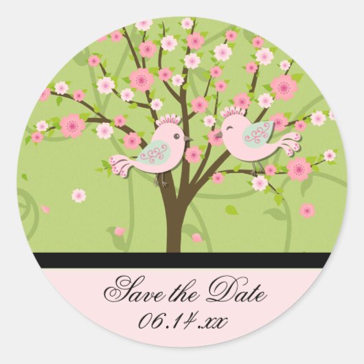 Cherry Blossom Vögel Save the Date rund Stickers (Vorderseite)