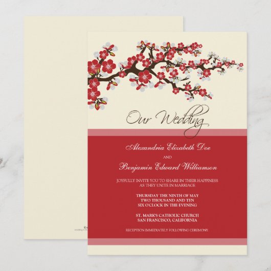 Cherry Blossom Wedding Invitation (rot) Einladung (Vorne/Hinten)