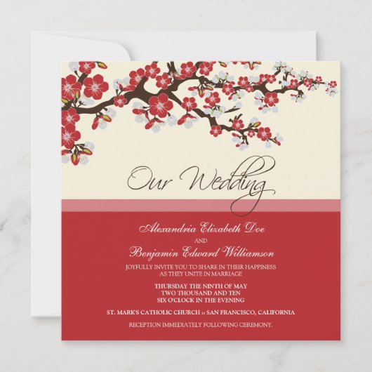 Cherry Blossom Wedding Invitation (rot) Einladung (Vorderseite)
