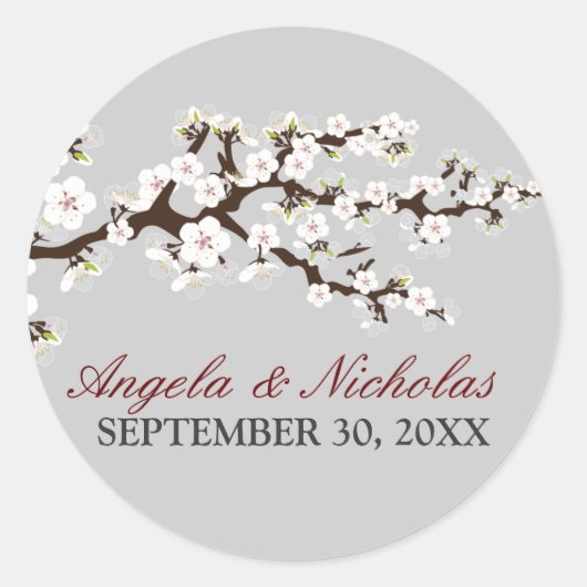 Cherry Blossom Wedding Invitation Siegel (silber) Runder Aufkleber (Vorderseite)