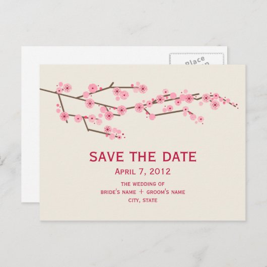 Cherry Blossom Wedding Save the Date Postcard Ankündigungspostkarte (Vorne/Hinten)