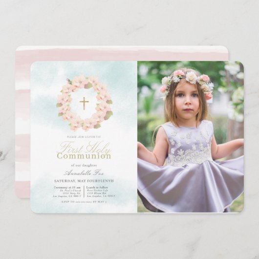 Cherry Blossom Wreath Foto Erste Heilige Kommune Einladung (Vorne/Hinten)