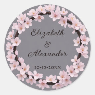 Cherry Blossom Wreath mit Namen und Hochzeitstag Runder Aufkleber