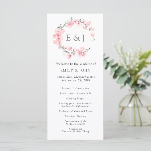 Cherry Blossom Wreath Monogram Wedding Programm (Stehend Vorderseite)