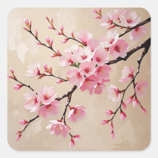 Cherry Blossom Zweigstellen - Elegante Rosa Sakura Quadratischer Aufkleber (Vorderseite)