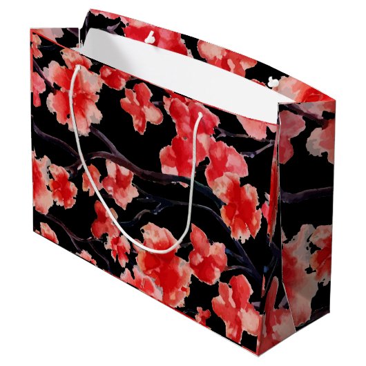 CHERRY-BLOSSOME AUF SCHWARZEN Geschenkbeutel Große Geschenktüte (Rückseite Schrägansicht)
