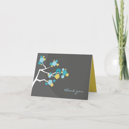 Cherry Blossoms And Love Birds Whimsical Wedding Dankeskarte (Vorderseite)