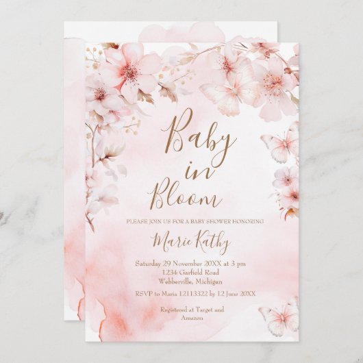 Cherry Blossoms Baby in Blüteneinladung Einladung (Vorne/Hinten)