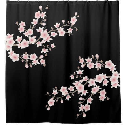 Cherry Blossoms BLUSH Pink Black Duschvorhang (Vorderseite)