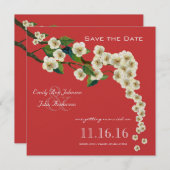 Cherry Blossoms Branch Red Save the Date Einladung (Vorne/Hinten)
