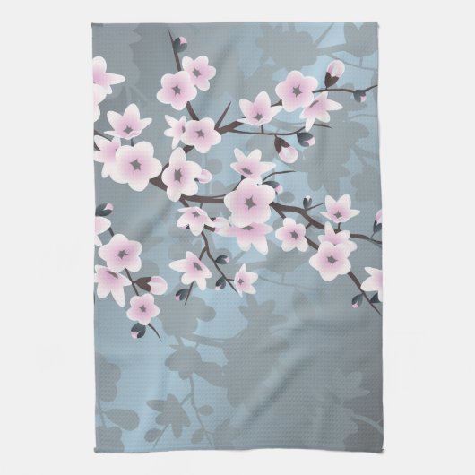 Cherry Blossoms Dusky Pink Blau Blume Handtuch (Vertikal)