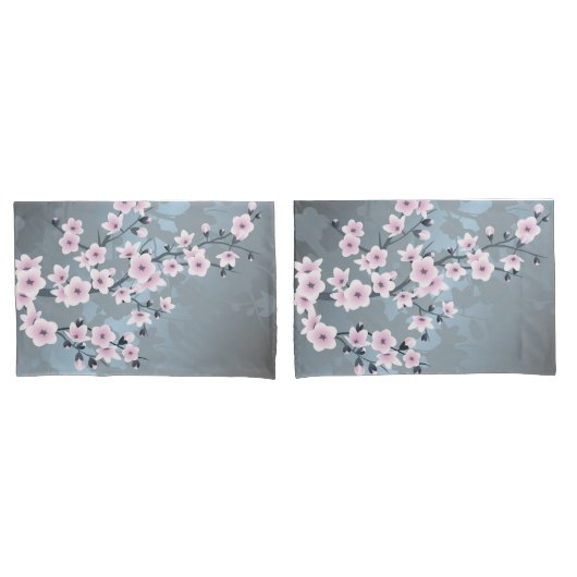 Cherry Blossoms Dusky Pink Grayish Blue Floral Kissenbezug (Vorderseite-Set)