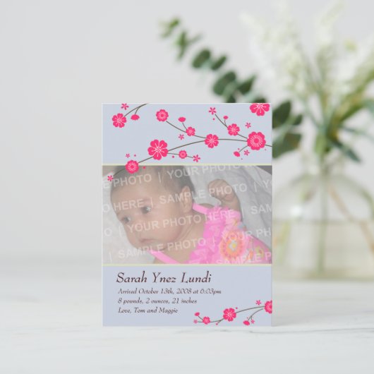 Cherry Blossoms Geburtsankündigung Ankündigungspostkarte (Stehend Vorderseite)