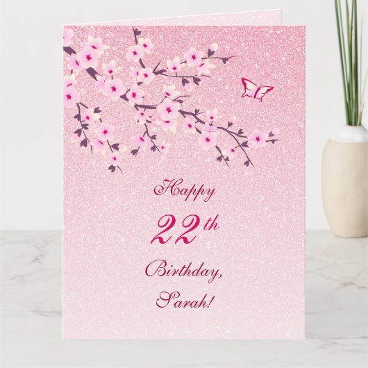 Cherry Blossoms Happy Birthday Pink Glitzer Karte (Vorderseite)