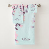 Cherry Blossoms Illustration Landschaft Pink Blau Badhandtuch Set (Insitu)