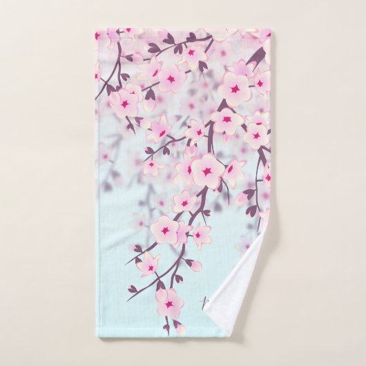 Cherry Blossoms Illustration Landschaft Pink Blau Badhandtuch Set (Handtuch)
