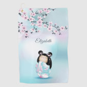 Cherry Blossoms Kokeshi Doll Pink Türkis Name Golfhandtuch (Vorderseite)