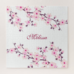 Cherry Blossoms Monogramm Pink White Puzzle