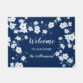 Cherry Blossoms Navy Blue White Custom Willkommen Fußmatte