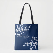 Cherry Blossoms Navy Blue White Monogram Totbeutel Tasche (Vorderseite)