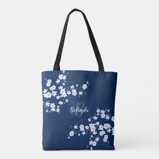 Cherry Blossoms Navy Blue White Monogram Totbeutel Tasche (Rückseite)