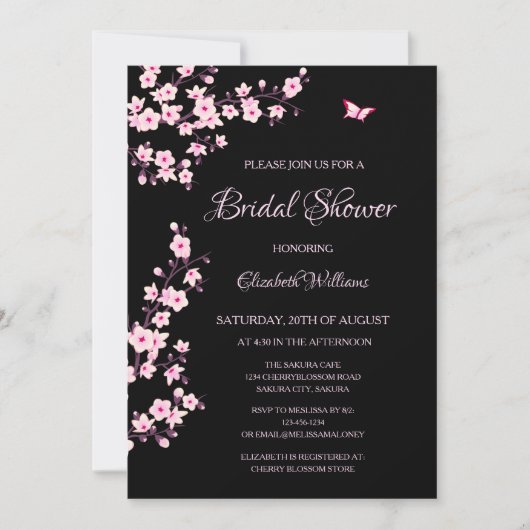 Cherry Blossoms Pink Black Bridal Shower Einladung (Vorderseite)