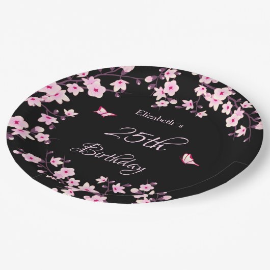 Cherry Blossoms Pink Black Custom Pappteller (Schrägansicht)
