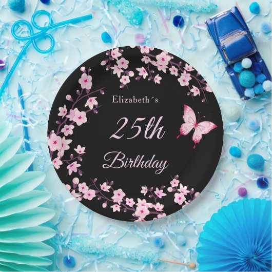 Cherry Blossoms Pink Black Custom Pappteller (Party)