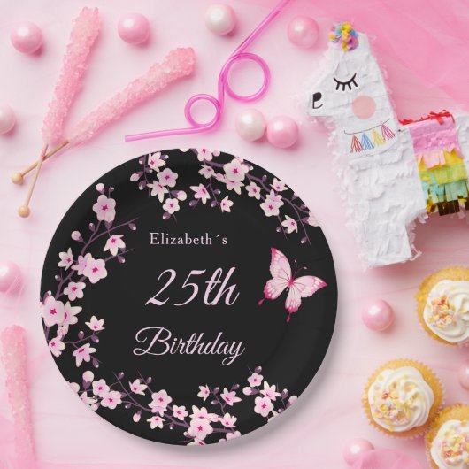 Cherry Blossoms Pink Black Custom Pappteller (Party)