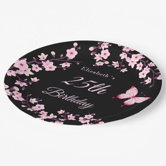 Cherry Blossoms Pink Black Custom Pappteller (Schrägansicht)