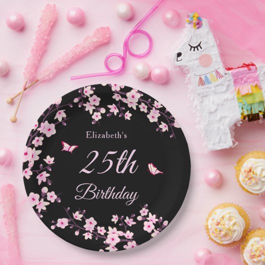 Cherry Blossoms Pink Black Custom Pappteller (Party)