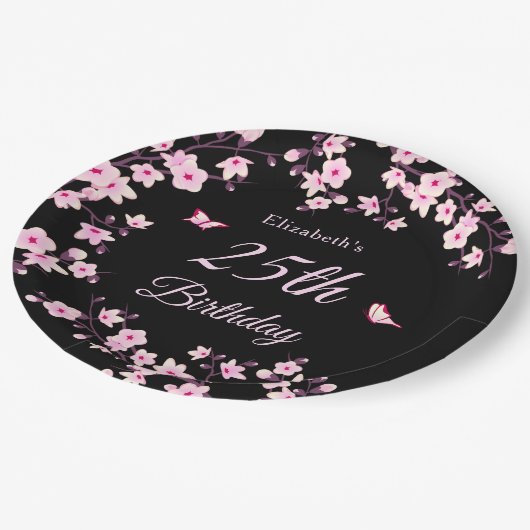 Cherry Blossoms Pink Black Custom Pappteller (Schrägansicht)