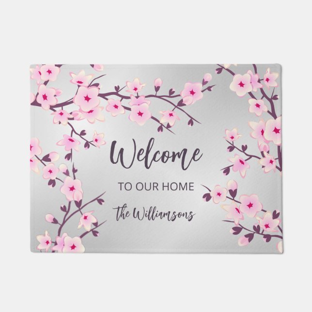 Cherry Blossoms Pink Graue Familienname Willkommen Fußmatte (Vorderseite)