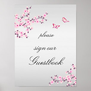 Cherry Blossoms Pink Gray Sign Guestbook Poster