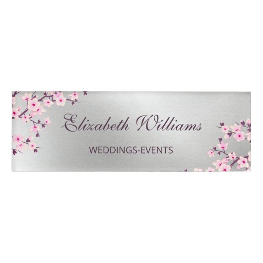 Cherry Blossoms Pink Silver Namenschild (Vorderseite)
