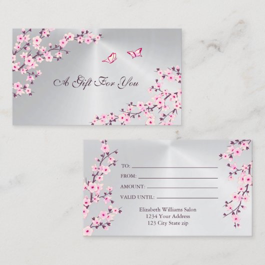 Cherry Blossoms Pink Silver Visitenkarte (Vorne/Hinten)