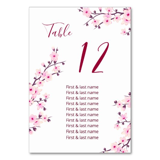 Cherry Blossoms Pink Wedding Guest Names Tischnummer (Vorderseite)