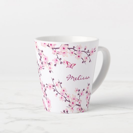 Cherry Blossoms Pink White Monogram Milchtasse (Rechte Ecke)