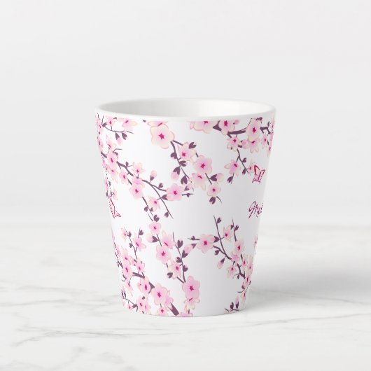 Cherry Blossoms Pink White Monogram Milchtasse (Vorderseite)