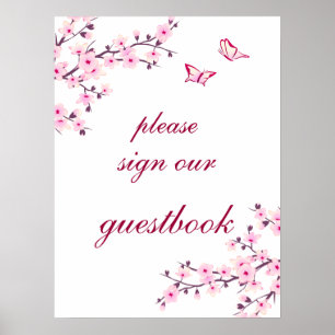 Cherry Blossoms Pink White Wedding Guest Book Poster