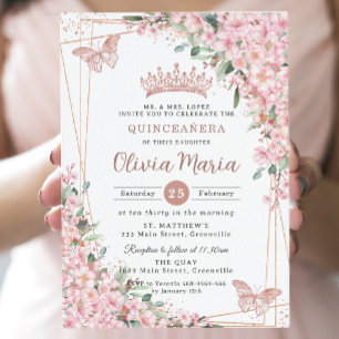 Cherry Blossoms Rose Gold Butterflies Quinceañera Einladung