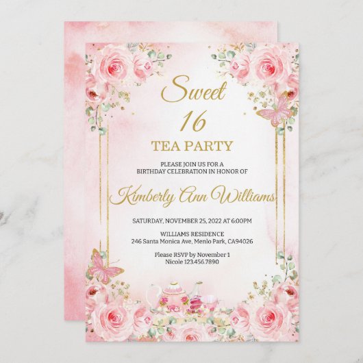 Cherry Blossoms Rose Gold Butterflies Süß 16 Einladung (Vorne/Hinten)