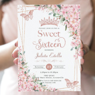 Cherry Blossoms Rose Gold Butterflies Süß 16 Einladung